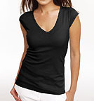 Sheer Rib Cap Sleeve Deep V-Neck Top schwarz