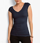 Sheer Rib Cap Sleeve Deep V-Neck Top navy S