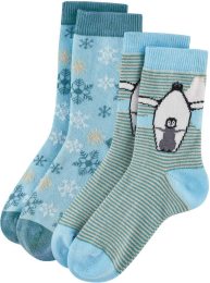 Kinder Socken aus Bio-Baumwolle - 2er-Pack - petrol/light blue (Pinguin und Schneeflocken)