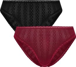 Jacquard-Slip aus Bio-Baumwolle mit Spitze - 2er-Mix - schwarz/tibetrot